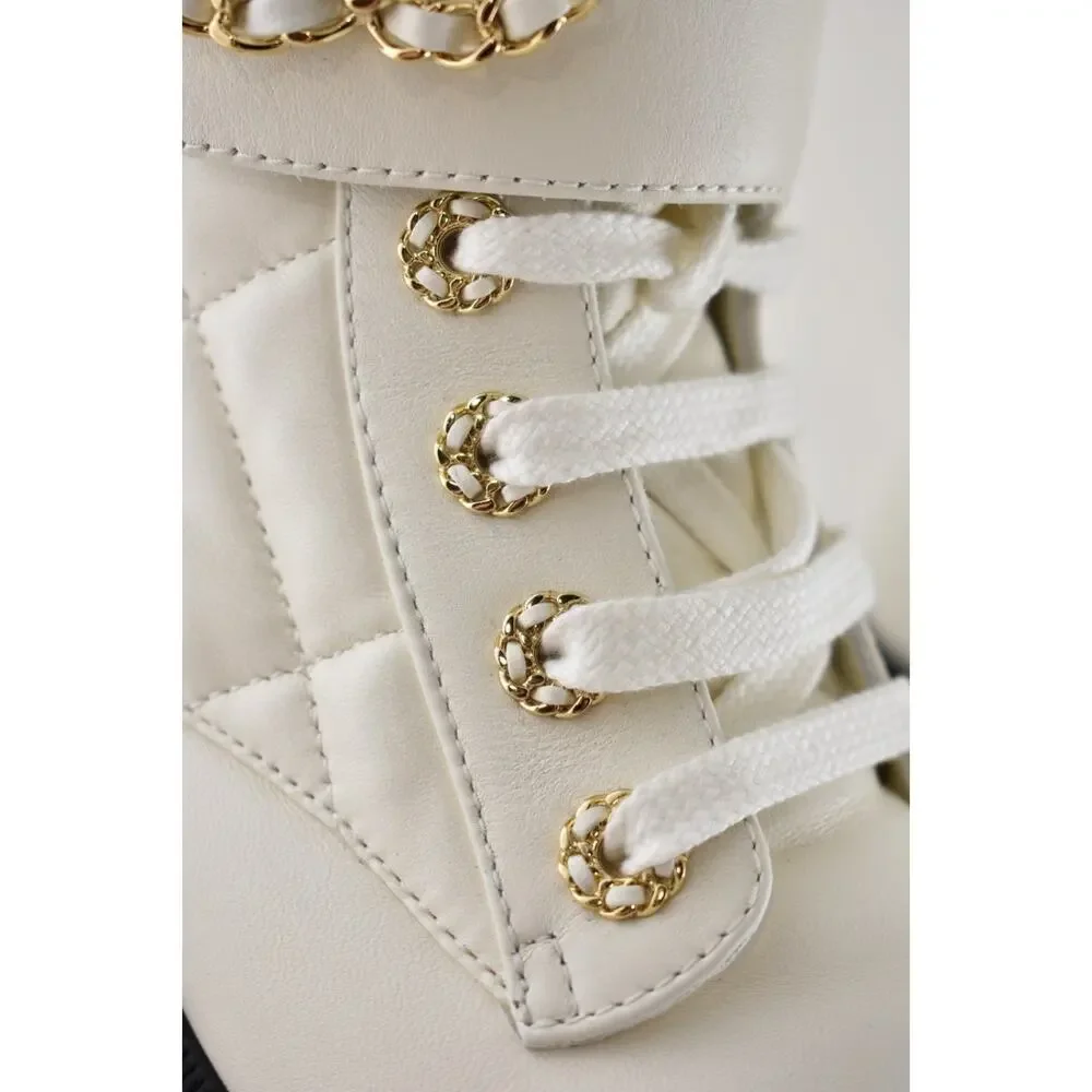 Chanel 24B White Quilt Gold CC Chain Combat Black Platform Ankle Short Boots 37c - Picture 9 of 16